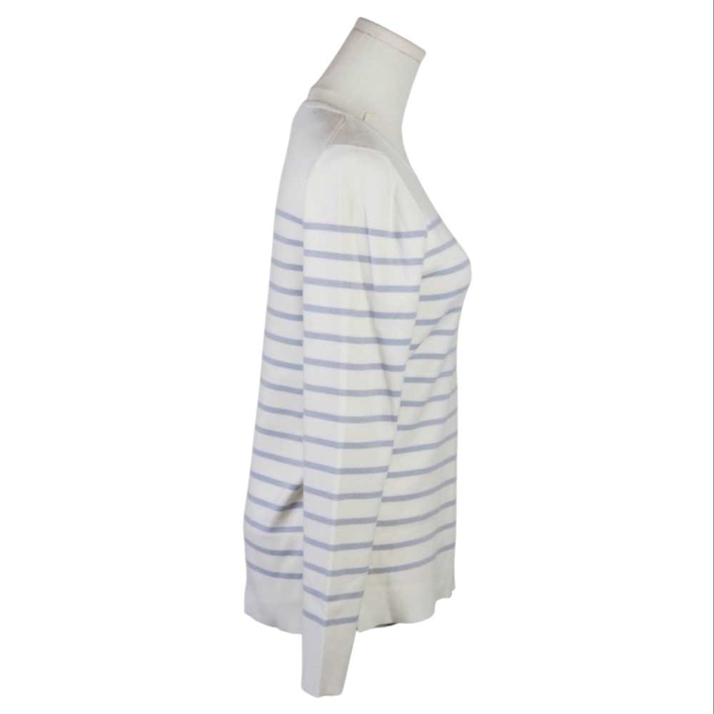 Kirkland Signature White Blue Striped Crewneck Sweater Small Lightweight Knit - Picture 2 of 7